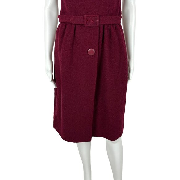 Vintage 60s Wool Dress Women's Medium Cranberry Short Sleeve Mod Sheath - Picture 6 of 11